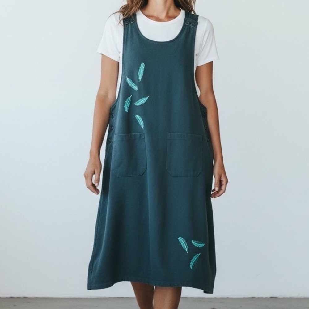 VTG BonWorth Teal Green‎ Feather Embroidered Jumper Dress large art teachr